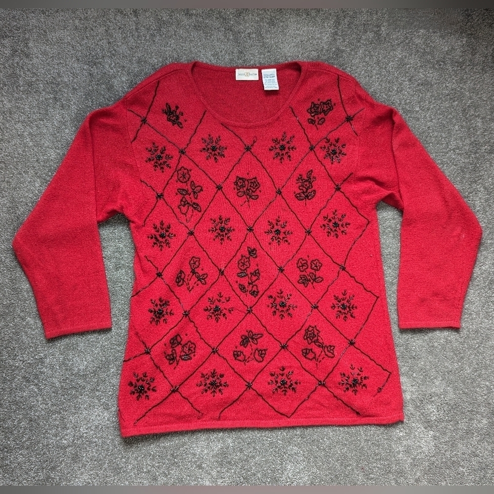 Jaclyn Smith red crew neck wool sweater with black beads size XLarge